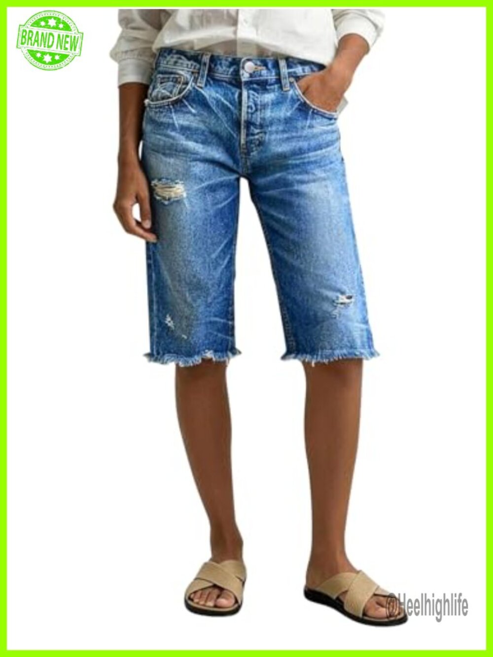 High Waist Straight Leg Bermuda Shorts Raw Hem Ripped High Stretch Denim